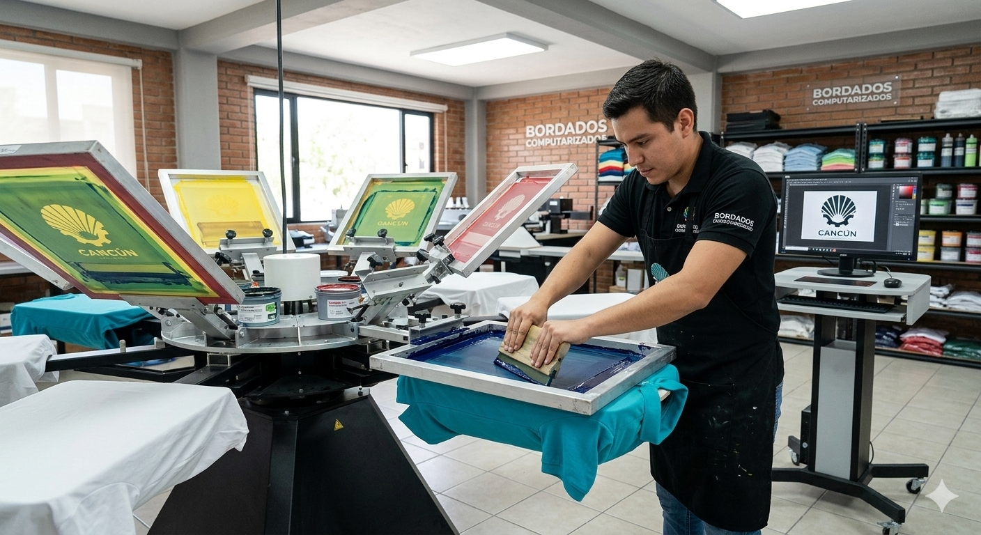 Proceso de estampado en serigrafía profesional para uniformes y playeras en Cancún